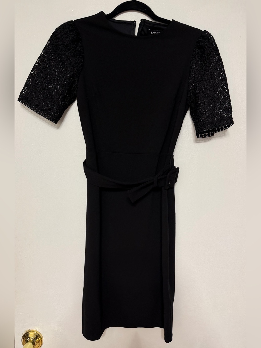 Express Black Midi Sheath Dress with Lace Short Sleeves and Self Tie Belt